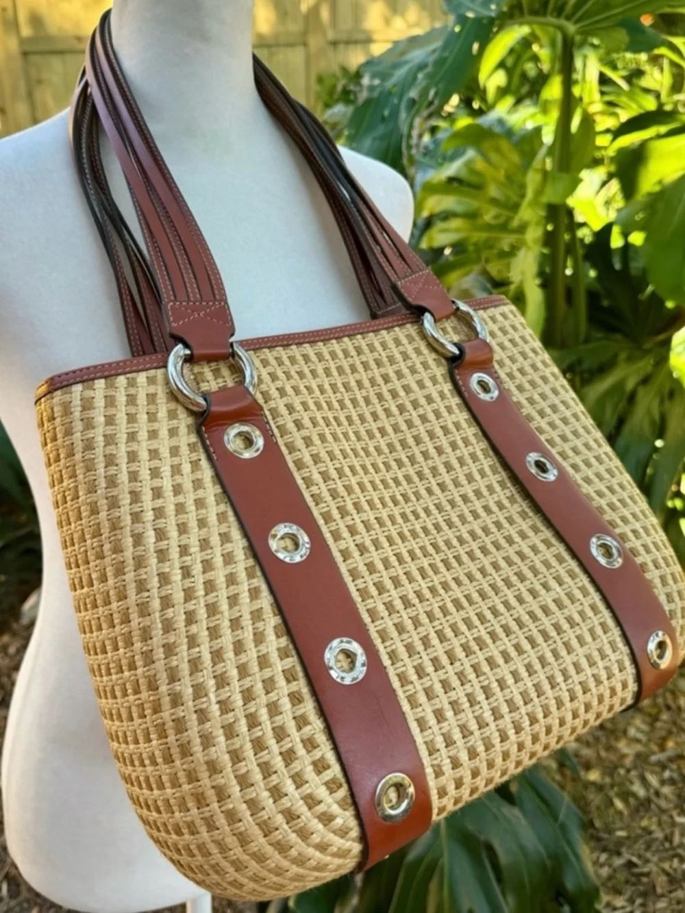 Maxx New York Woven Straw Tote with Brown Leather Trim